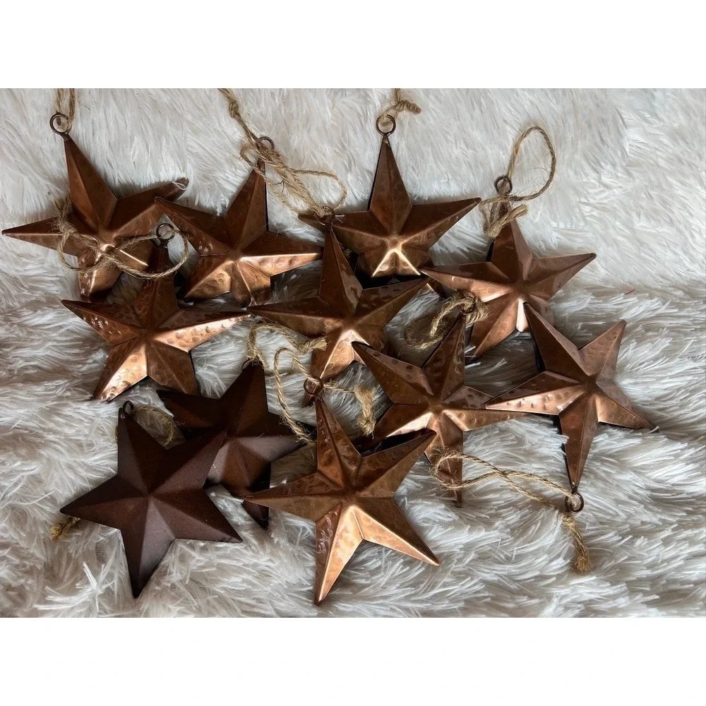 Rustic Metal Star Ornaments Set of 11 Copper Bronze Hammered Primitive Western
